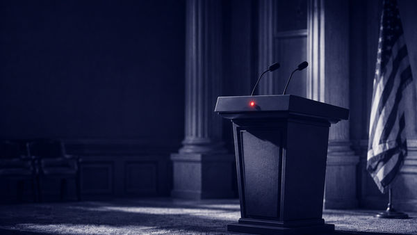 Navy duotone documentary: an official government podium with one red warning light — UK AISI, OpenAI and NCSC statements on unsanctioned AI-model hacks.