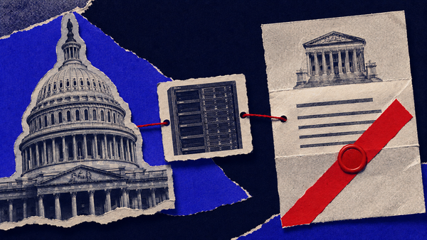 Conceptual line art of a subpoena document over a state capitol outline linked to an AI server rack, with a single flat red dot marking the escaped model.