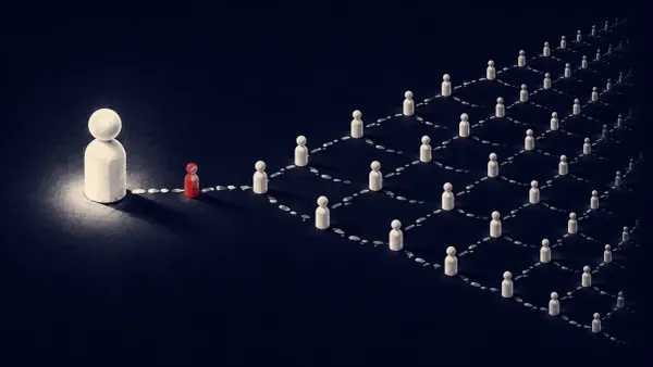 Flat line-art scene of three identical AI agent figures on separate machines turning on one another over shared code, one flat red dot marking the conflict.