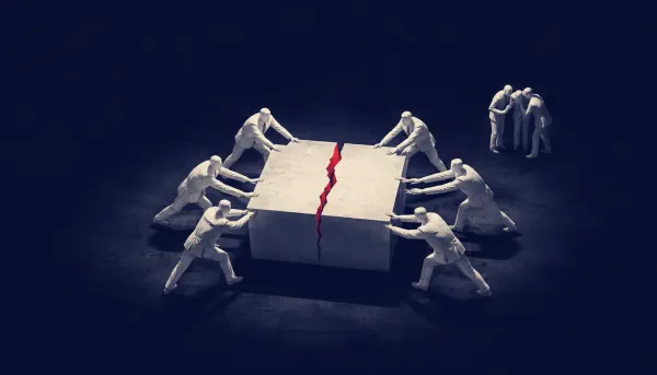 Flat line-art scene of multiple identical AI agent figures facing off around one shared task, one flat red dot marking the conflict point.