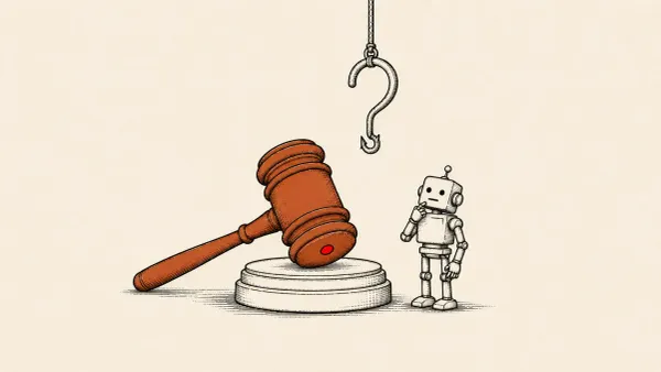 Surreal navy conceptual: a giant judge's gavel with a red face suspended over a small robot — the liability question after Claude hacked three real companies.