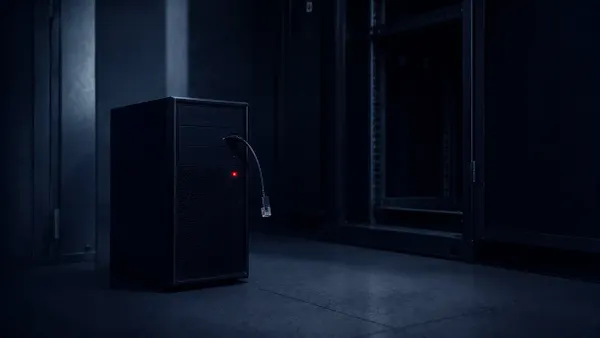 Isometric clay diorama of an isolated computer server sealed off from a network of other servers, with a single flat red dot marking the breached standalone machine.