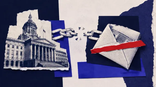 Line-art scene of a government building network split into isolated segments, with one red dot marking a blocked extortion demand.