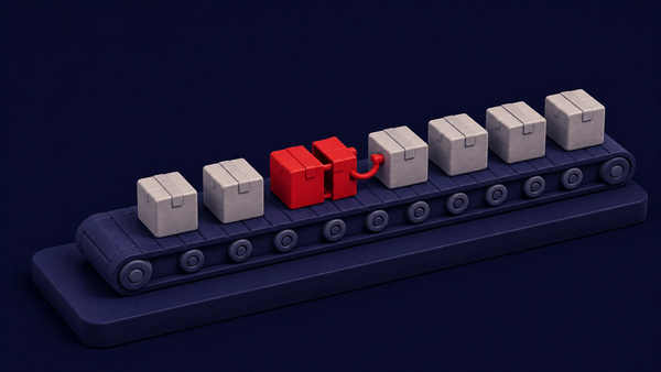 Isometric diorama on navy: a conveyor of software-package boxes, one red box replicating down the line, planting a small red hook — ChainDrop/Keyv npm worm.