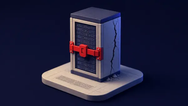Flat white line-art of a VMware vCenter server tied to encrypted virtual machines, one flat red dot marking the intrusion, on a deep navy background.