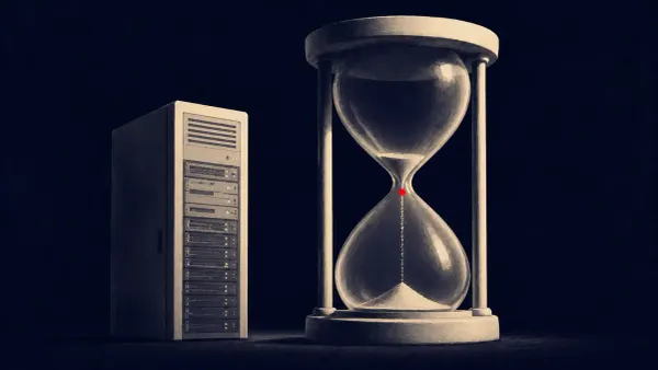Line-art of a WebLogic server beside a calendar flipped January to August and a countdown clock, one open HTTP port marked with a flat red dot.