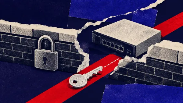 Flat white line-art of a network gateway appliance at a perimeter wall with one lock swung open, on deep navy with a single flat red dot.