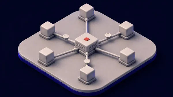 Isometric illustration of one shared code module linked to six blockchain nodes, one node marked with a flat red alert dot.