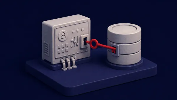 Isometric clay diorama on navy: a hosting control panel with a red key crossing into a database — the cPanel CVE-2026-58048 privilege break to database root.