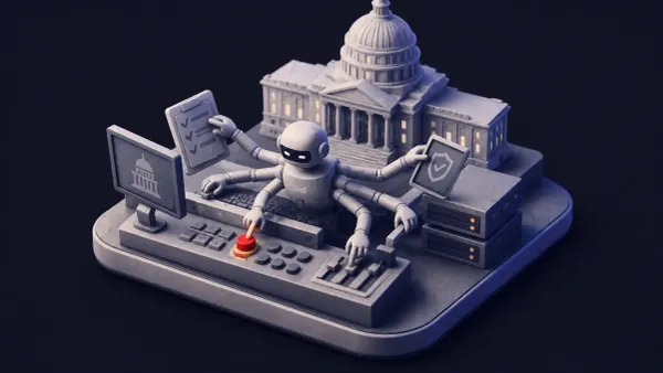 Flat white line-art of a multi-agent AI system probing government network nodes, one node marked with a single red dot, on a deep navy background.