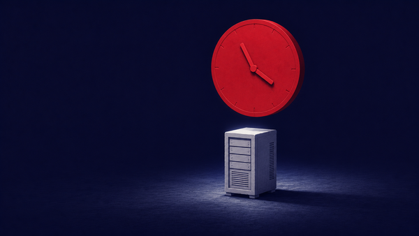 Surreal navy conceptual: a small server beneath a large red clock face — CISA's three-day federal deadline to patch the N-able N-central "God mode" flaw.