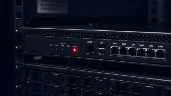 Flat white line-art of two network appliances with an open padlock and one flat red dot on a solid deep-teal background.