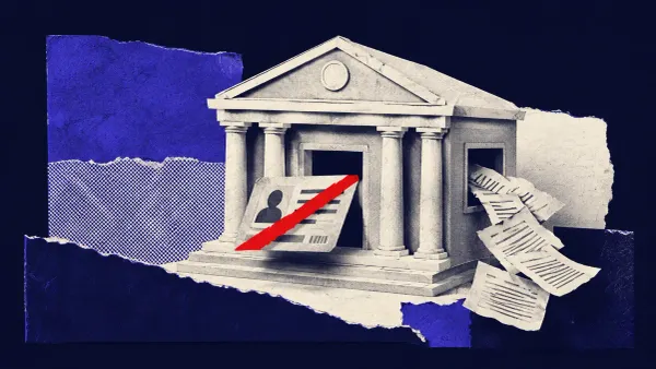 Flat white line-art of a tall public finance building with a stolen key at the entrance and a single flat red dot, on a saturated navy background.