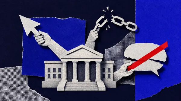White line-art of a spy agency building with three arrows to a microchip, a cargo crate, and a speech bubble on a navy background, with one flat red dot.