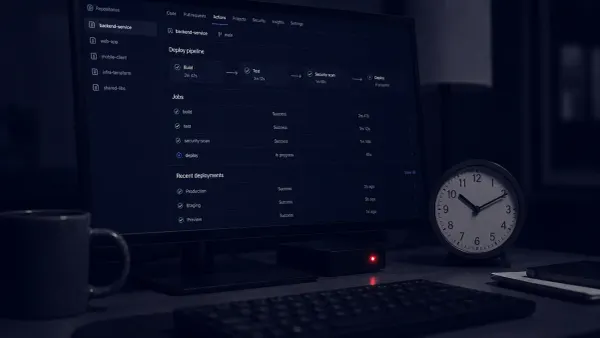 Flat white line-art of a code repository panel with a broken shield and a magnifying glass over server logs on a deep-indigo background, one flat red dot.