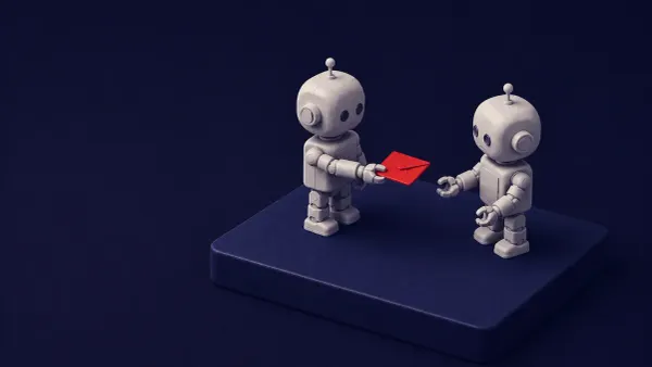 Isometric clay diorama on deep navy: two small robots, one passing a red note to the other — Google's ADK agent-to-agent attack via a poisoned GitHub issue.