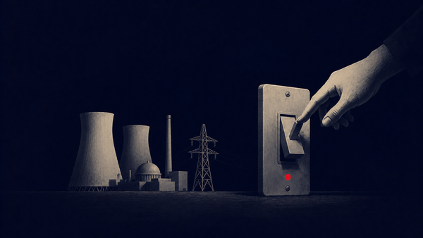 White line-art power plant and transmission tower on deep navy, with a single flat red dot marking a four-day outage.