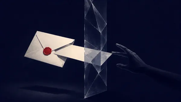 Flat white line-art of a recruiter's job-offer envelope feeding a Windows kernel driver labeled afd.sys, with one flat red dot on a deep navy background.