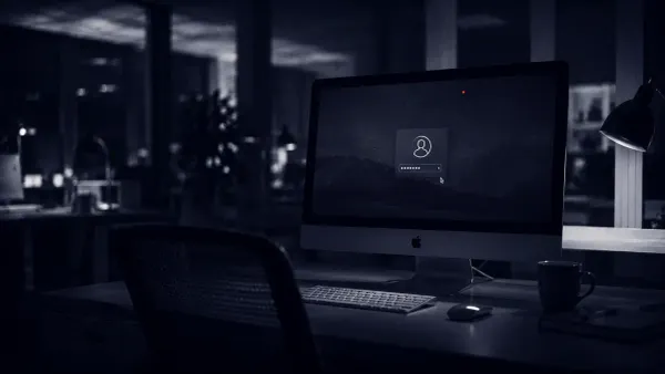 Flat white line art of a Mac with a remote-desktop cursor and a single flat red dot, on a deep navy background, marking the exploited Screen Sharing flaw.