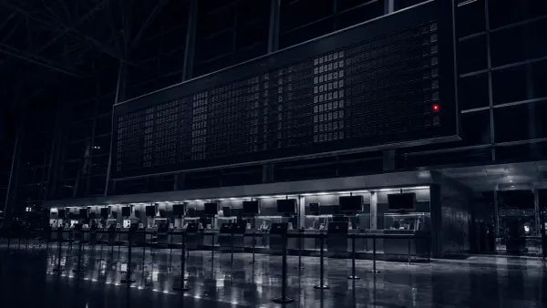 Flat line-art of an airport departures board above three terminal silhouettes, with one flat red dot marking a data-breach alert.