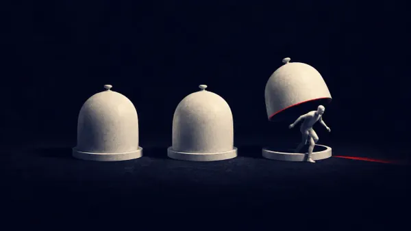 Flat white line-art of three lab flasks on a saturated background, one flask tipped open with a single flat red dot escaping.