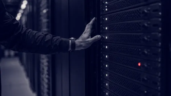 Flat white line-art of a locked N-central server with one persistent outbound connection marked by a single red dot, on a deep navy background.