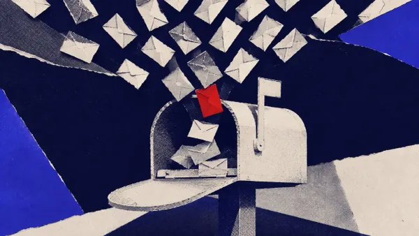 Flat white line-art envelope funneling documents into a stranger's mail server, one solid red dot marking the misdirected inbox, on a deep navy background.