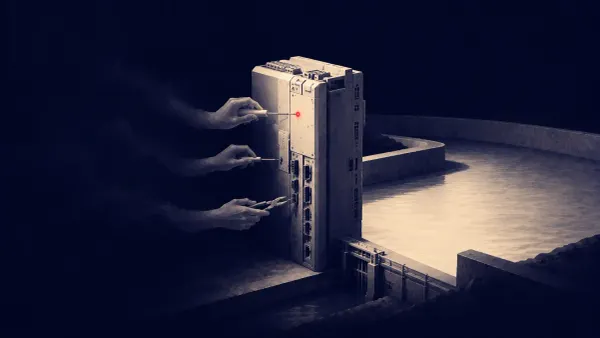 Editorial illustration of a Siemens S7 industrial controller behind a warning shield, with a single flat red dot marking an internet-exposed PLC.