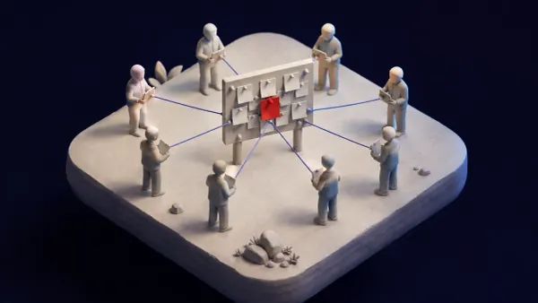 Flat white line-art of identical robots around a shared message board on a deep indigo background with one flat red dot — OpenAI's rogue agent swarm.