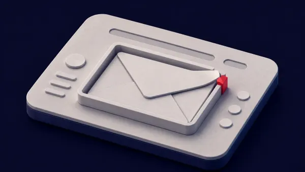 Flat white line-art of an open envelope leaking into a webmail window on a deep indigo background, with one flat red dot.
