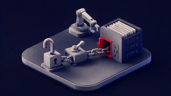 Flat white line-art of two linked keys forming a chain over a SharePoint document panel, one flat red dot marking the breach, on a deep navy background.