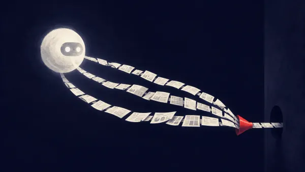 Flat vector illustration of an AI assistant reading outside content and passing enterprise data to an external server, with one red dot marking an open route.