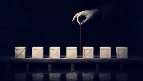 Isometric illustration of a poisoned Rust crate linked to North Korean supply-chain infrastructure, with one red alert node.