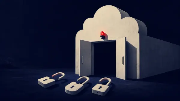 Isometric clay diorama of a cloud platform server split into a patched half and an exposed half, with a single flat red dot marking the unpatched instance.
