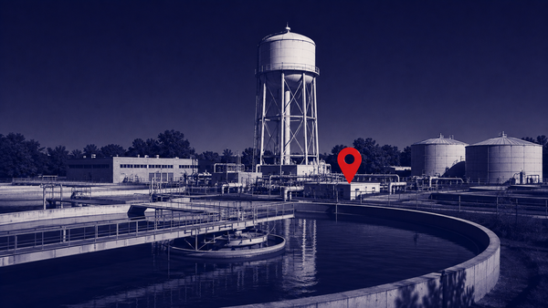 Navy duotone documentary: a water-treatment plant with one red location marker — cyberattacks on water systems across seven US states, likely tied to Iran.