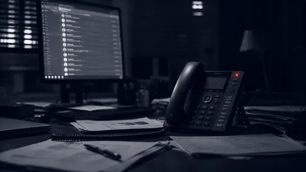 Flat white line-art of a telephone handset and a scattered stack of contact cards on a solid navy background, with a single flat red dot.