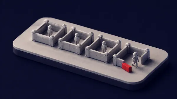 Flat white line-art of four sealed test chambers, one cracked open with a small figure stepping out, on a deep navy background with a single flat red dot.