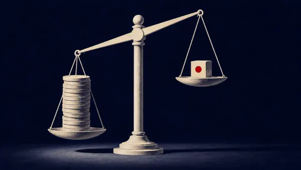 Flat white line-art of a smartphone and a legal gavel joined by a broken data line, one flat red dot, on a deep navy background.