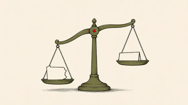 Navy editorial collage: a cut-out water tower between two opposing arrows, one in red — the Minnesota water-attack attribution split, Trump vs. US intelligence.