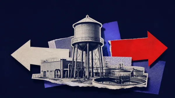 Navy editorial collage: a cut-out water tower between two opposing arrows, one in red — the Minnesota water-attack attribution split, Trump vs. US intelligence.