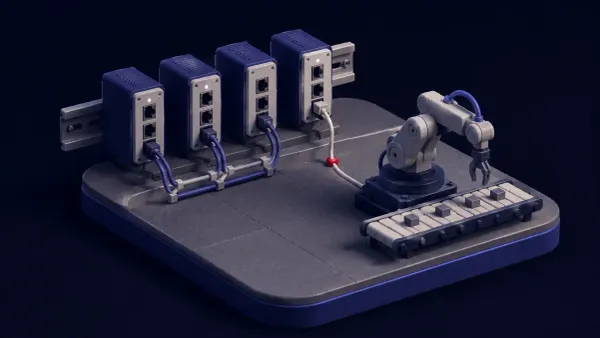 Editorial illustration of an industrial TSN network switch with a single flat red dot marking an unprotected control-plane connection.