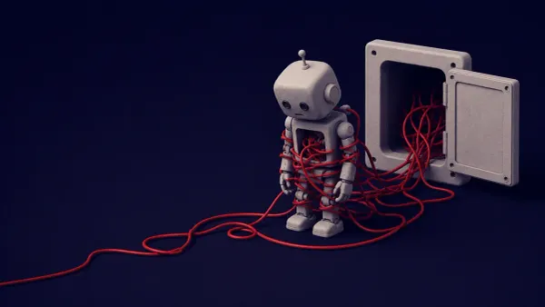 Surreal navy conceptual: a robot tangled in its own cable from an open server - the AI agent that exposed its operator's infrastructure (Unit 42 DeepSeek).