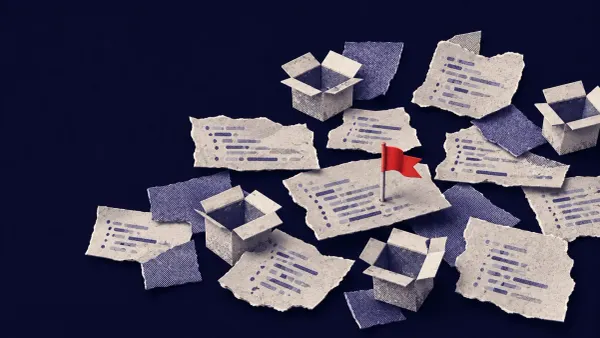 Navy editorial collage: cut-out code and package fragments with one red flaw marker — Unit 42's NOVA surfacing 14,000+ AI-discovered open-source zero-days.