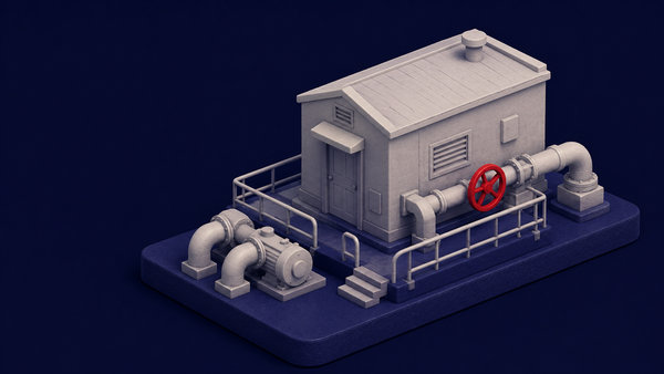 Isometric clay diorama on deep navy: a water pump station with one red valve — cyberattacks on water systems now reported across at least 12 US states.