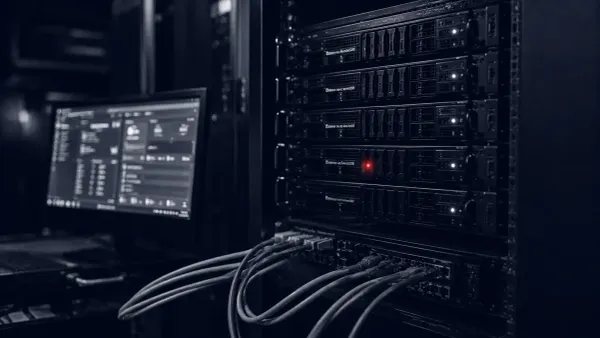 Flat white line-art of a vCenter server and a SharePoint panel beneath a cracked shield, one flat red dot marking the breach, on a deep navy background.