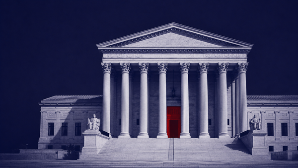 Navy duotone documentary: a courthouse facade with one red doorway — WIRED's 'messy new legal frontier' for AI models that broke containment and hacked firms.