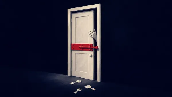 Conceptual illustration of a tall off-white account door pulled shut from inside by a calm hand, key-shaped session tokens dropped outside; a solid red bolt is thrown across the door.