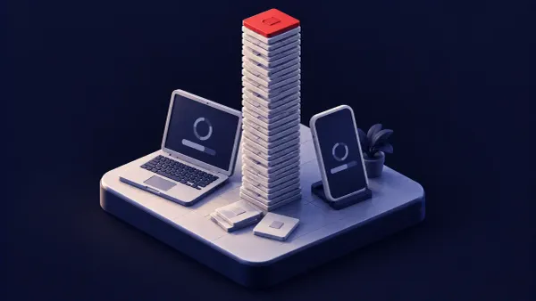 Isometric clay diorama: a clay laptop and phone beside a very tall stack of patch tiles, the top tile marked in flat signal red.