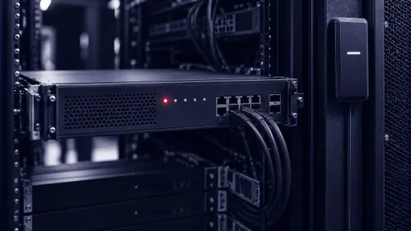 Duotone photo of a rack-mounted identity and access-control appliance with a badge reader beside it, a single front-panel status light lit in signal red.