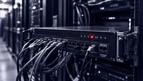 Duotone photo of a rack-mounted email-security gateway appliance, a single front-panel status light lit in signal red.